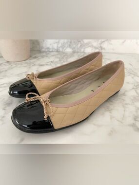 FS/NY French Sole NY Passport Ballet Flats Cap Toe Black Size 6.5 Quilted Beige